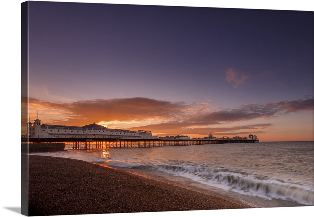 Brighton Pier and beach at sunrise, Brighton, East Sussex, Sussex, England, United Kingdom, Europe
