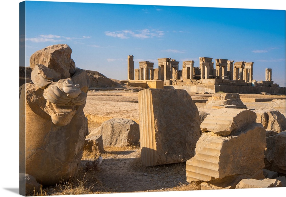 Broken bull column in foreground, Persepolis, UNESCO World Heritage Site, Iran, Middle East