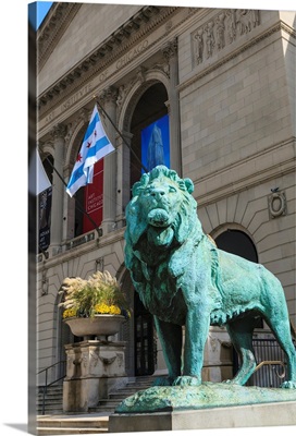 Bronze lion statue outside the Art Institute of Chicago, Chicago, Illinois, USA