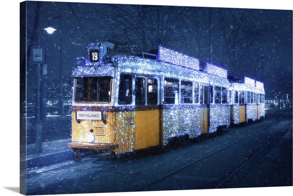 Budapest's Christmas Tram in a snow storm, Budapest, Hungary, Europe