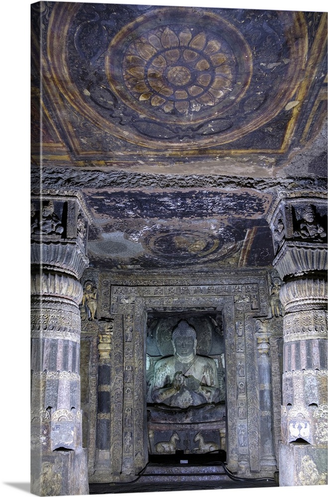 Buddha statue and painting in the Ajanta Caves, UNESCO World Heritage Site, Maharashtra, India, Asia