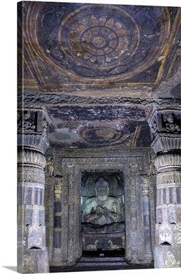 Buddha statue and painting in the Ajanta Caves, Maharashtra, India
