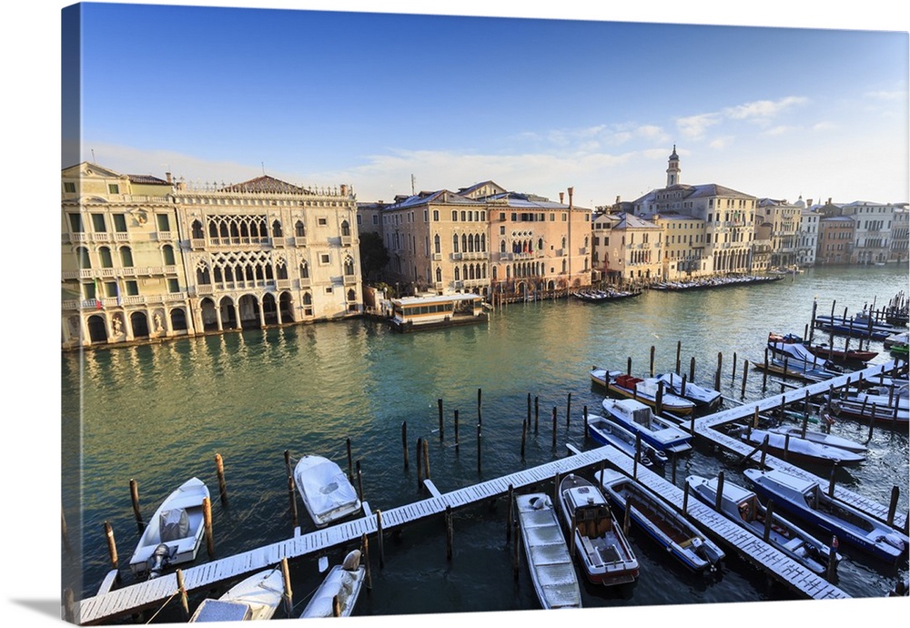 Ca D'Oro, famous Venetian Palace on Grand Canal, elevated view after snow, Venice, Veneto, Italy