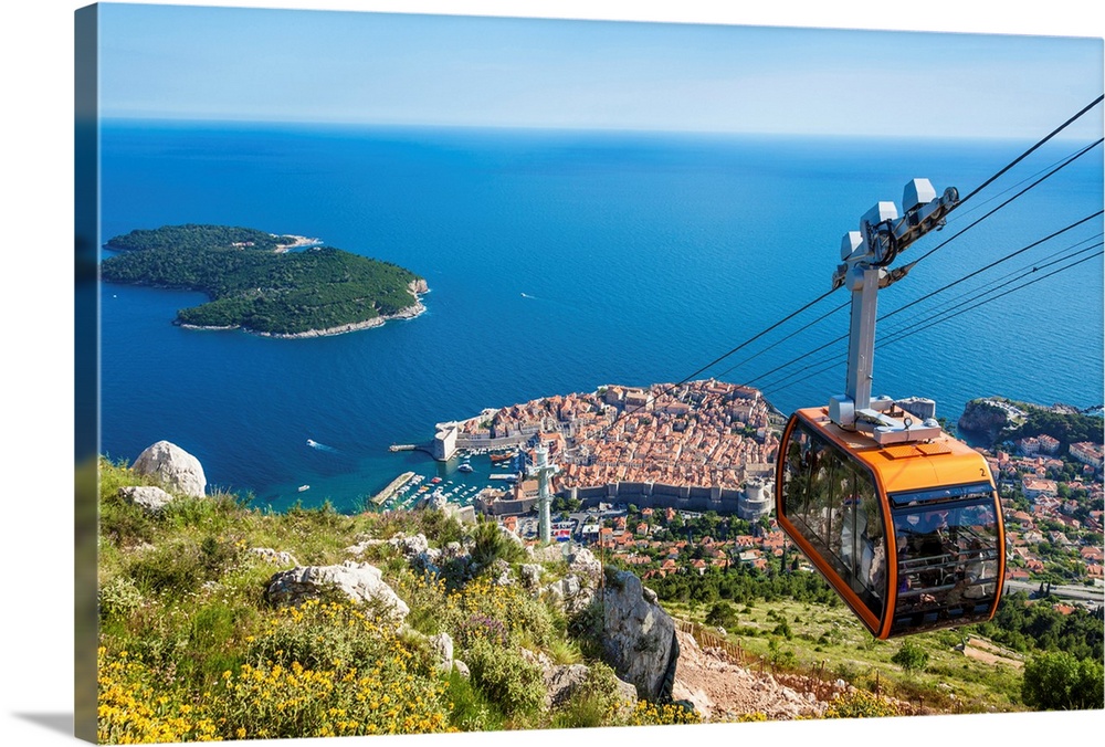 Cable car, Lokrum Island and Dubrovnik Old Town view, Dubrovnik, Dalmatian Coast, Croatia