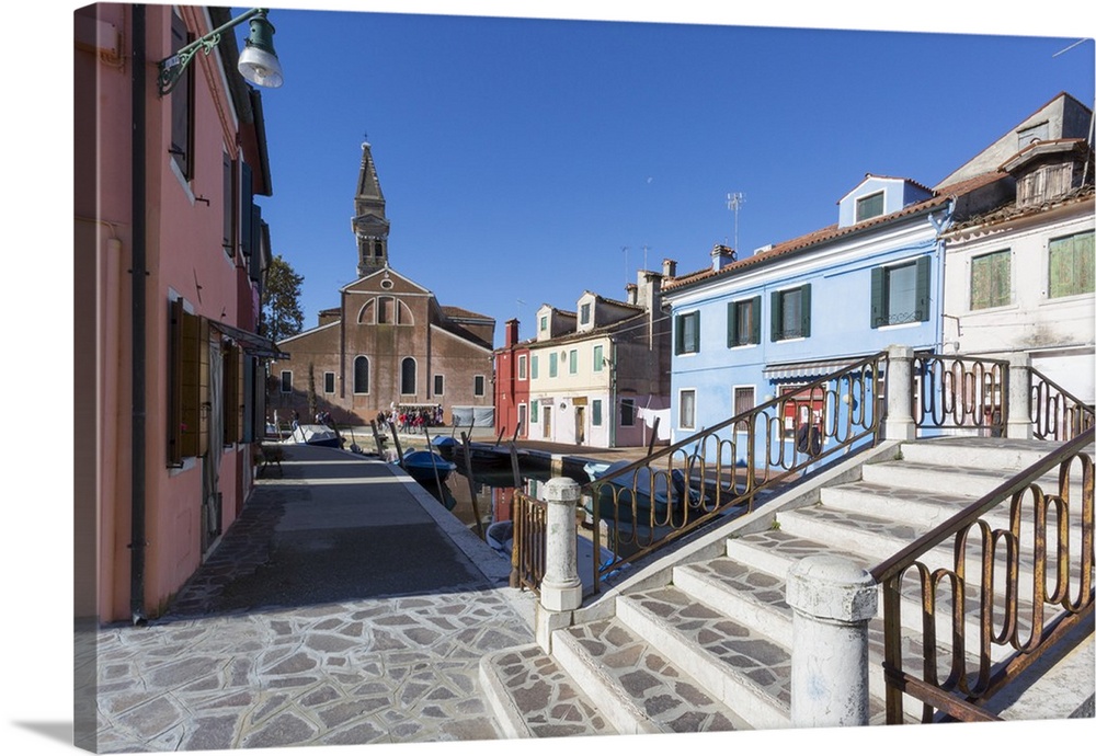 Canal and leaning tower, Burano, Veneto, Italy, Europe