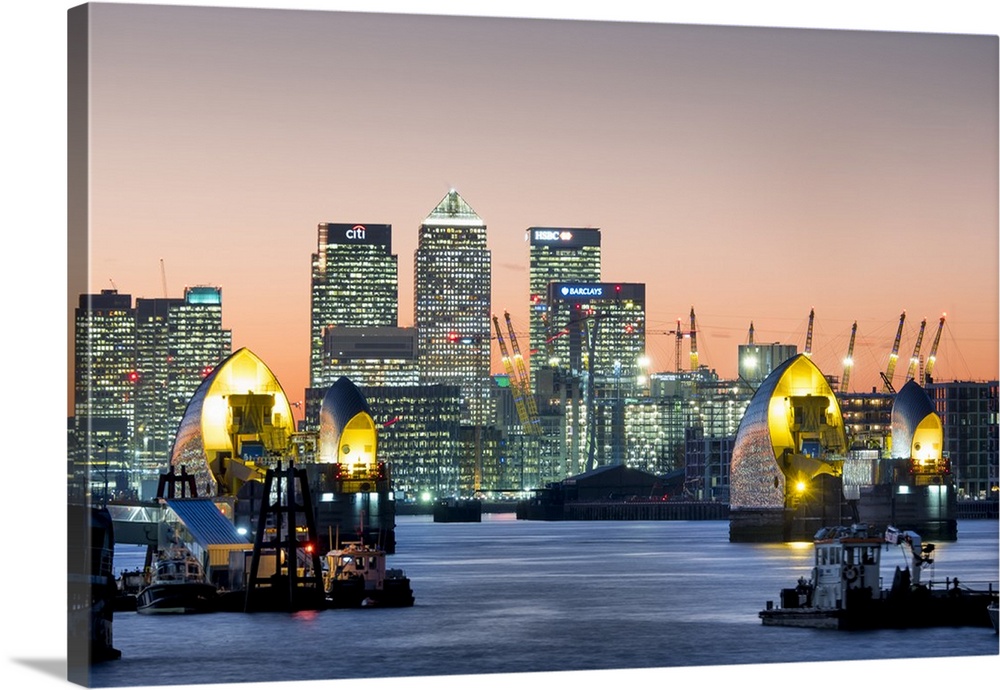 Canary Wharf with Thames Barrier, London, England