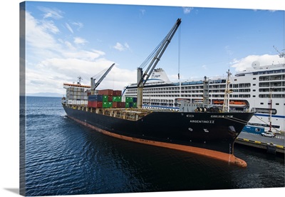 Cargo ship anchoring in the harbour of Ushuaia, Tierra del Fuego, Argentina