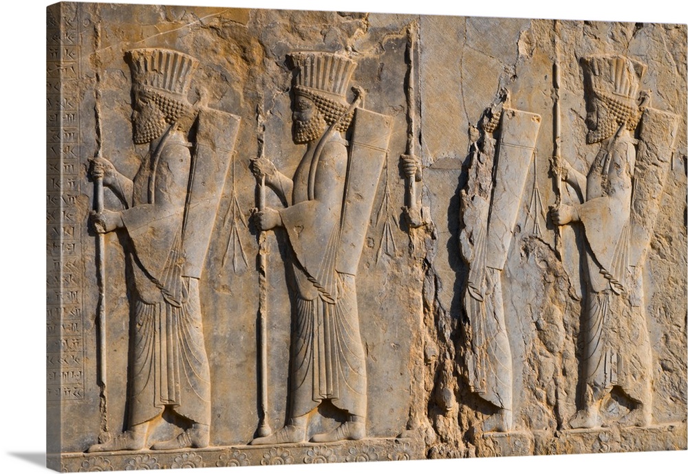 Carved relief of four Royal Persian Guards, facade of Private Palace of Darius the Great (Tachara), Persepolis, UNESCO Wor...