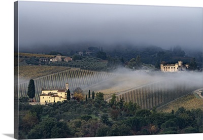 Castello Di Gabbiano Across A Misty Valley, San Casciano, Tuscany, Italy
