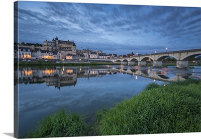 Castle and bridge at blue hour, Amboise, Indre-et-Loire, Loire Valley, Centre, France