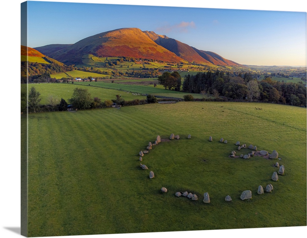 Aerial view of Castlerigg Stone Circle and Blencathra, Lake District National Park, UNESCO World Heritage Site, Cumbria, E...