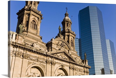 Cathedral Metropolitana and modern office building in Plaza de Armas, Santiago, Chile