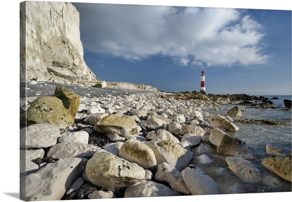 Chalk Boulders below Beachy Head & Beachy Head Lighthouse, near Eastbourne, South Downs National Park, East Sussex, Englan...