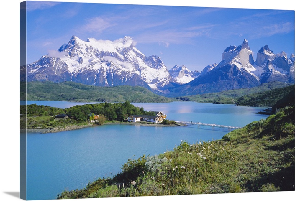 Chile, Patagonia, Torres Del Paine National Park From Lago Pehoe With Hosteria  Pehoe. Cerro Paine Grande, 3050m  Cuernos ...