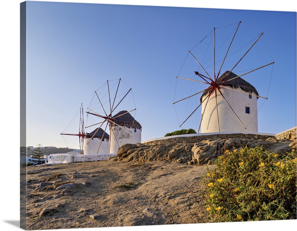 Chora Windmills at sunrise, Mykonos Town, Mykonos Island, Cyclades, Greek Islands, Greece, Europe