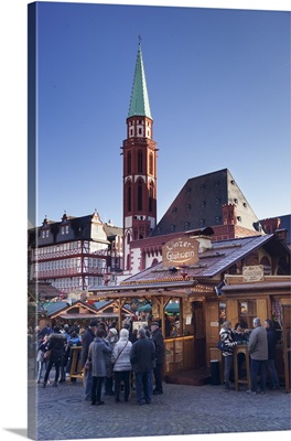 Christmas fair at Roemer, Roemerberg square, Nikolaikirche church, Frankfurt, Germany
