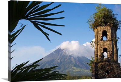 Church belfry ruins and Mount Mayon, Luzon Island, Philippines