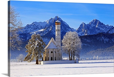 Church of St. Coloman and Tannheimer Alps near Schwangau, Allgau, Bavaria, Germany