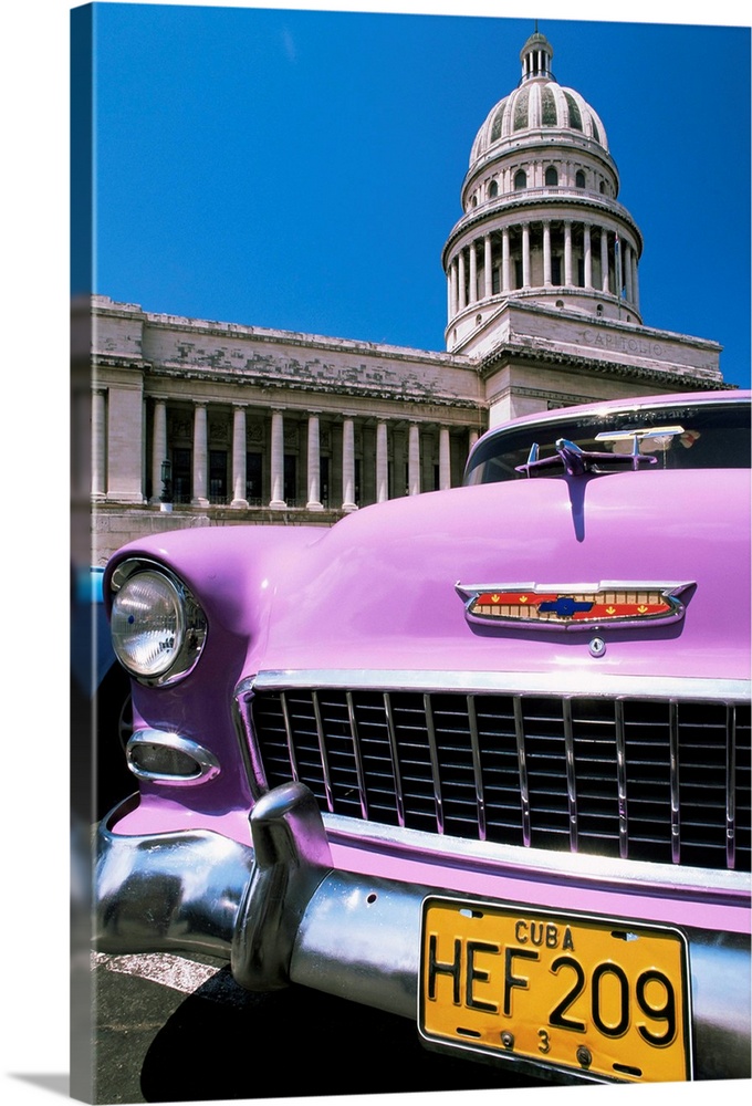 Classic American car outside the Capitolio, Havana, Cuba, West Indies, Central America