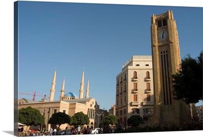Clock tower in Place d'Etoile, new mosque behind, downtown, Beirut, Lebanon