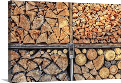 Close up details of firewood stack, Switzerland