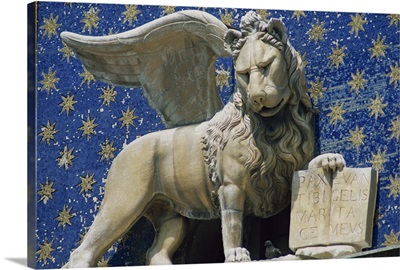 Close-up of the Lion of St. Mark's Clock Tower in Venice, Veneto, Italy
