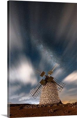 Clouds In The Night Sky Over The Old Windmill, Canary Islands, Spain