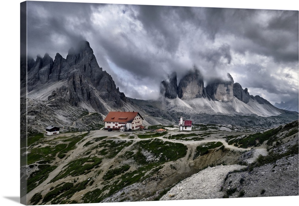 Cloudy day on Locatelli hut and Three Peaks in the Dolomites, Trentino-Alto Adige, Italy, Europe