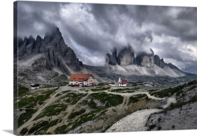 Cloudy Day On Locatelli Hut And Three Peaks In The Dolomites, Trentino-Alto Adige, Italy