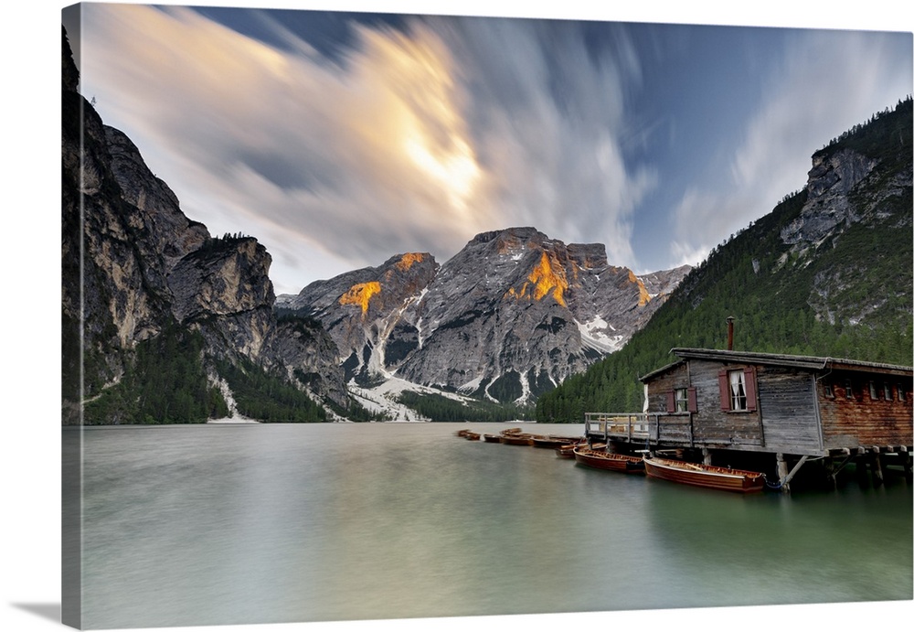 Cloudy sky at sunset over Croda del Becco and Lake Braies (Pragser Wildsee), Dolomites, South Tyrol, Italy, Europe