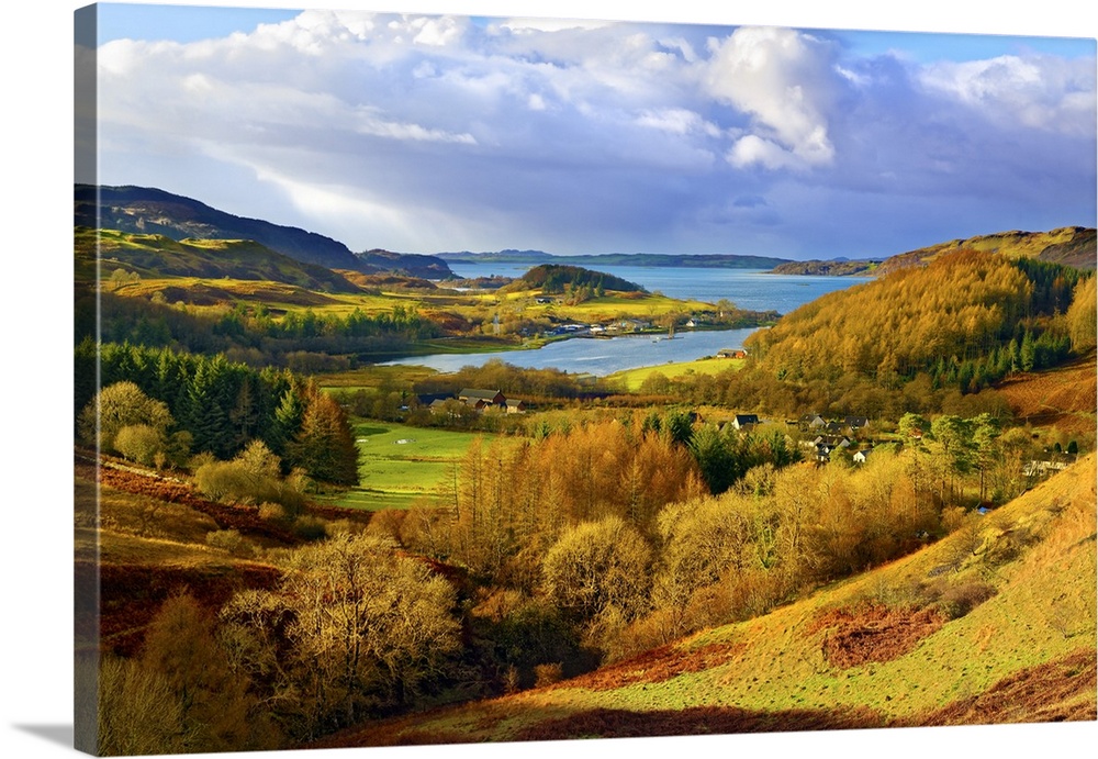 A scenic autumn view of a coastal landscape in the Scottish Highlands, looking towards Loch Melfort, Highlands, Argyll and...