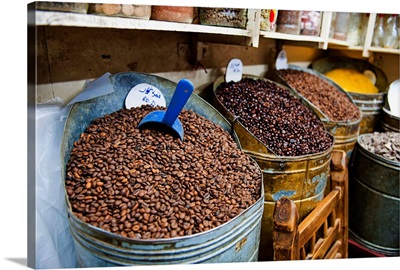 Coffee beans for sale in the souks of Marrakech, Morocco, Africa