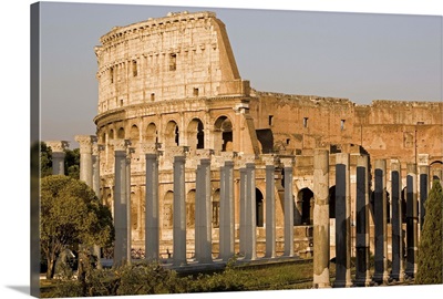 Colosseum and false Roman columns for theatre, Rome, Lazio, Italy, Europe