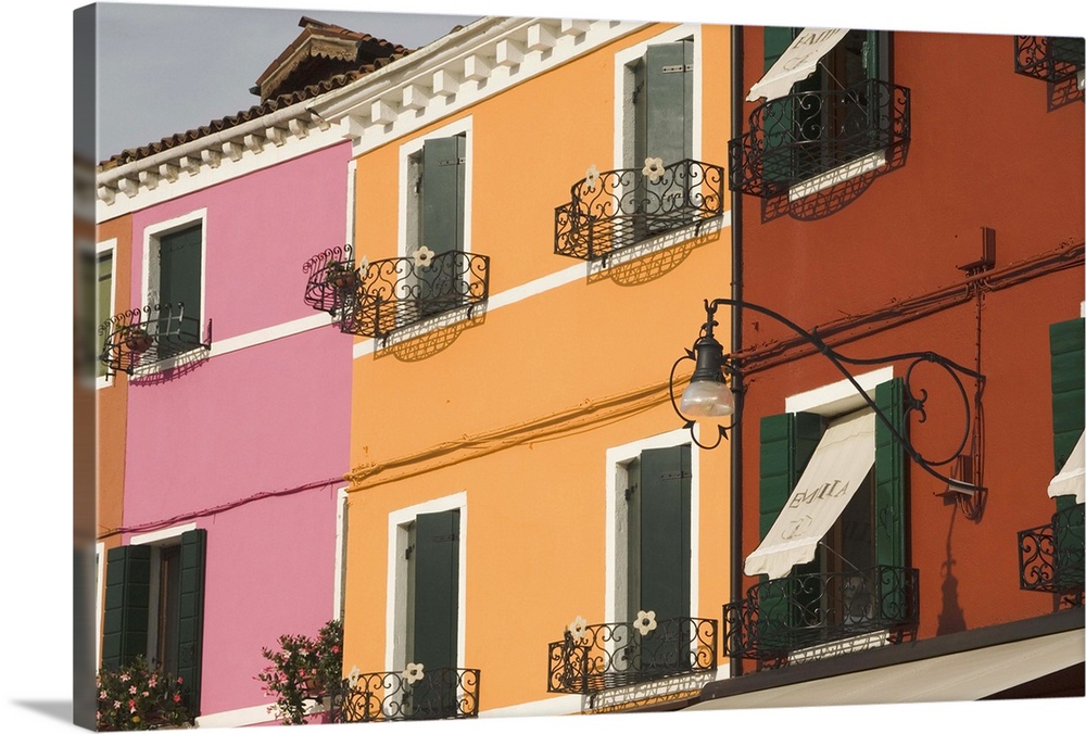 Coloured house fronts with windowboxes, Burano, Venetian lagoon, Veneto, Italy