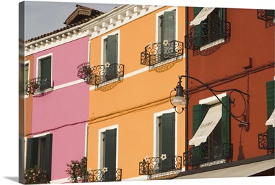 Coloured house fronts with windowboxes, Burano, Venetian lagoon, Veneto, Italy