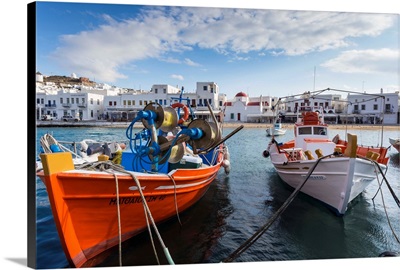 Colourful boats in harbour, Mykonos, Cyclades, Greek Islands, Greece