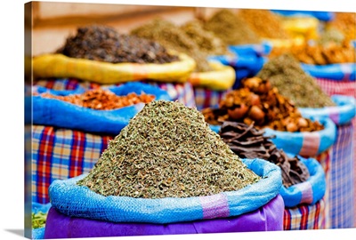 Colourful spices, Marrakech, Morocco, Africa