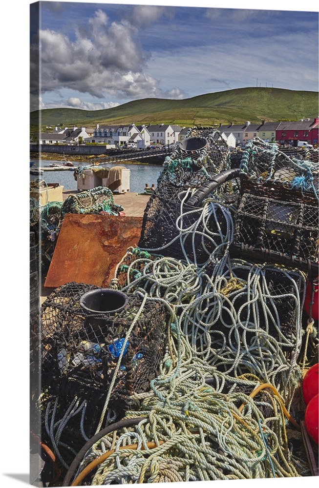 Crab pots piled up on the wharf at Portmagee, Skelligs Ring, Ring of Kerry, County Kerry, Munster, Republic of Ireland