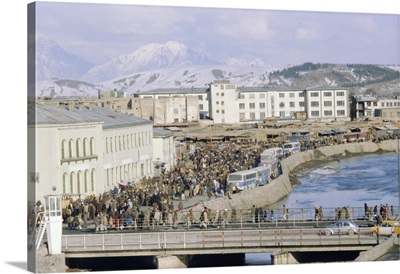 Crowds of people and buses in the city, Kabul, Afghanistan