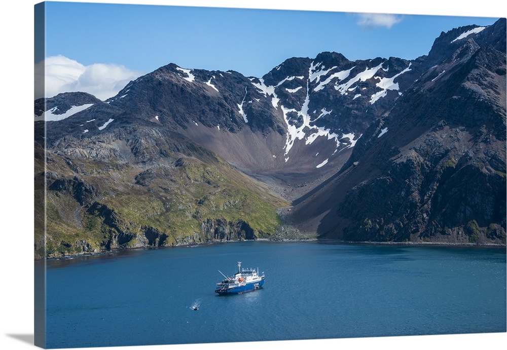 Cruise ship anchoring in the bay of Godthul, South Georgia, Antarctica, Polar Regions