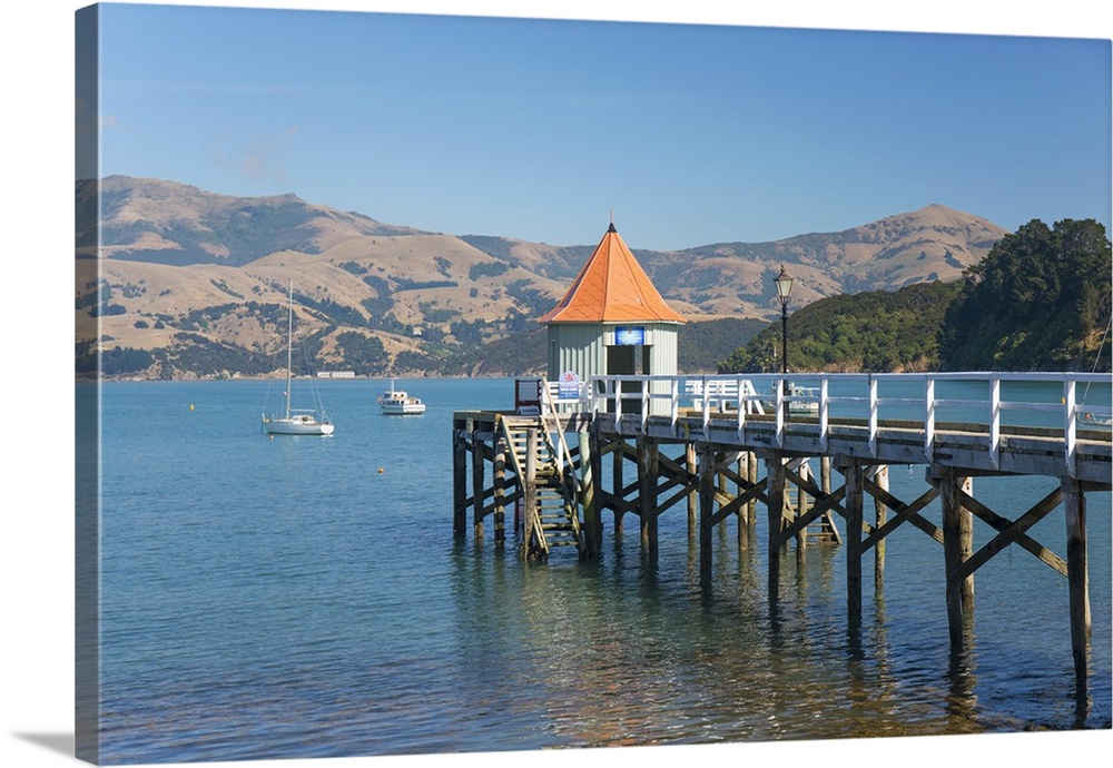 Daly's Wharf, an historic jetty overlooking Akaroa Harbour, Akaroa, Banks Peninsula, Canterbury, South Island, New Zealand...