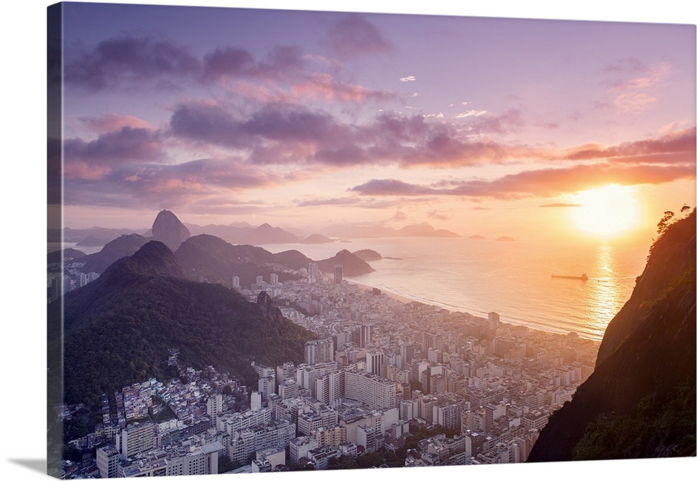 Dawn view of the Sugar Loaf, Sao Joao favela, Guanabara bay, the Atlantic and the mountains of Rio and Niteroi, Rio de Jan...