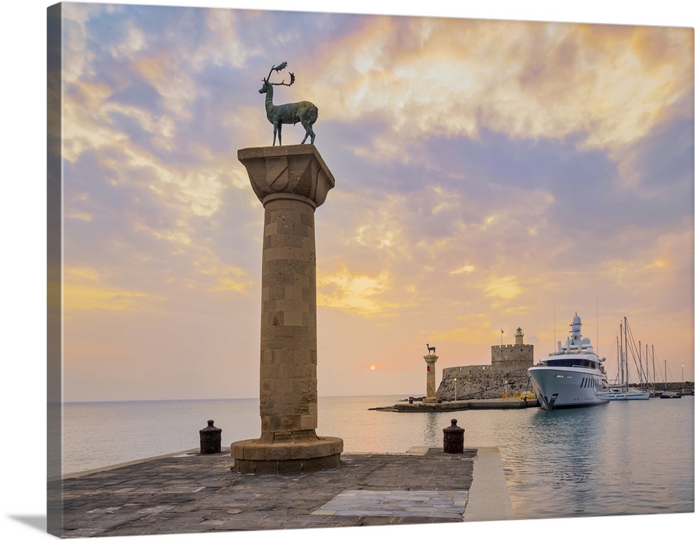Deer and Doe on columns at entrance to Mandraki Harbour, former Colossus of Rhodes location, Saint Nicholas Fortress in th...
