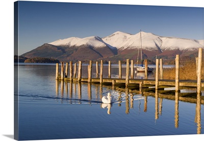 Derwent Water and snow capped Skiddaw from Lodor Hotel Jetty, England