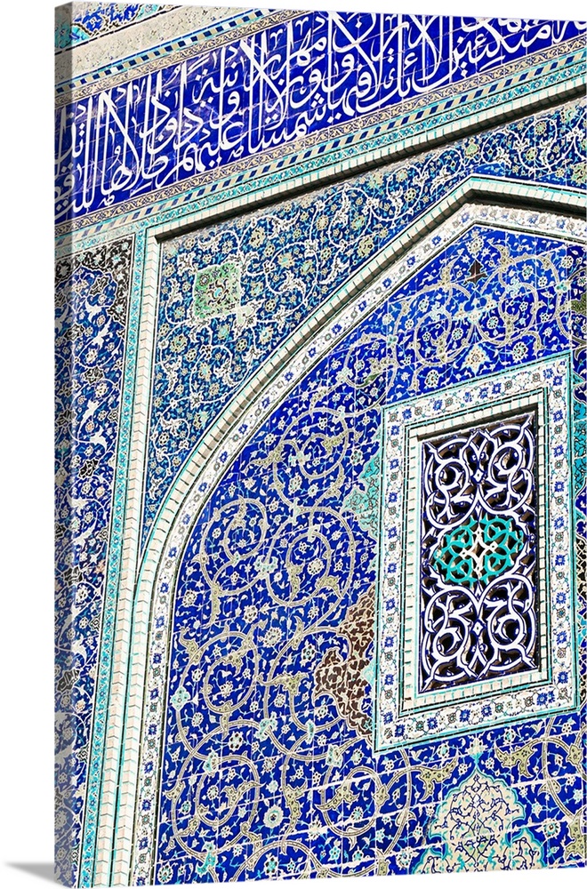 Detail of ceramic tiles on wall in Isfahan blue, Imam Mosque, UNESCO World Heritage Site, Isfahan, Iran, Middle East