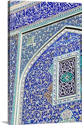 Detail of ceramic tiles on wall in Isfahan blue, Imam Mosque, Isfahan, Iran