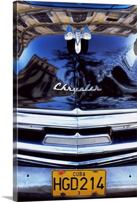 Detail of classic black Chrysler car with reflections in paintwork, Havana, Cuba