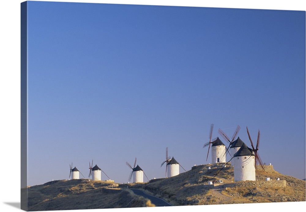 Distant view of hilltop windmills, Castilla-La Mancha, Spain