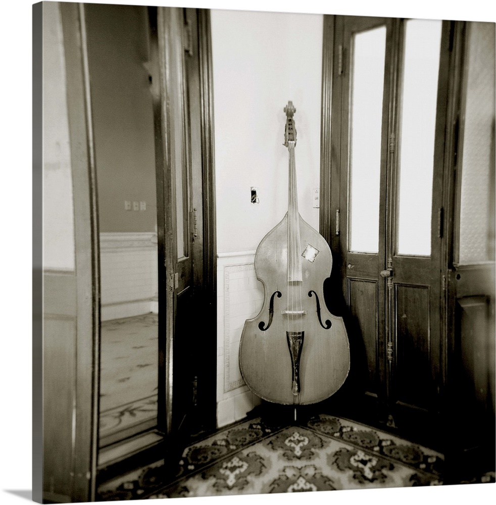 Double bass resting against wall inside Palacio de Valle, Cienfuegos, Cuba