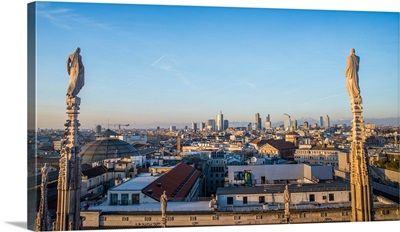 Downtown Milan seen through the roof of the city's famous Duomo cathedral, Milan, Italy